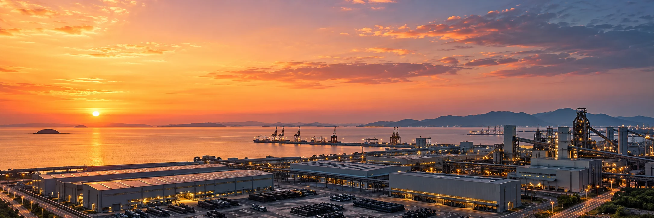 A modern coastal industrial complex at sunset
