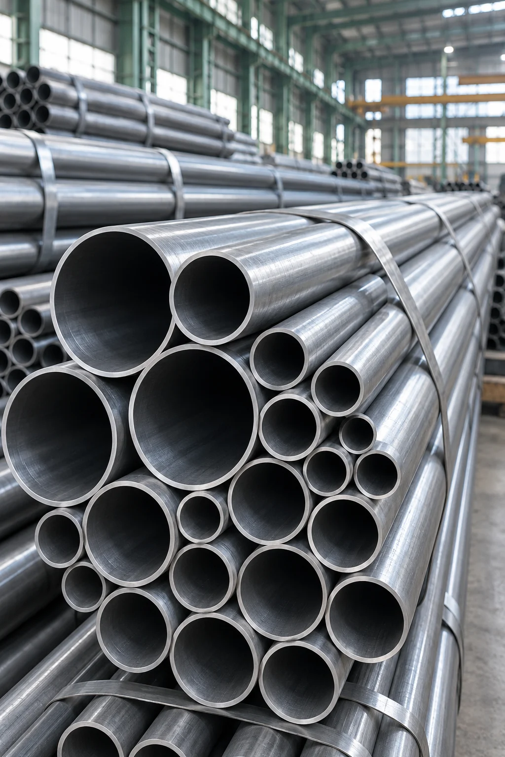 Bundles of round steel pipes with open ends visible