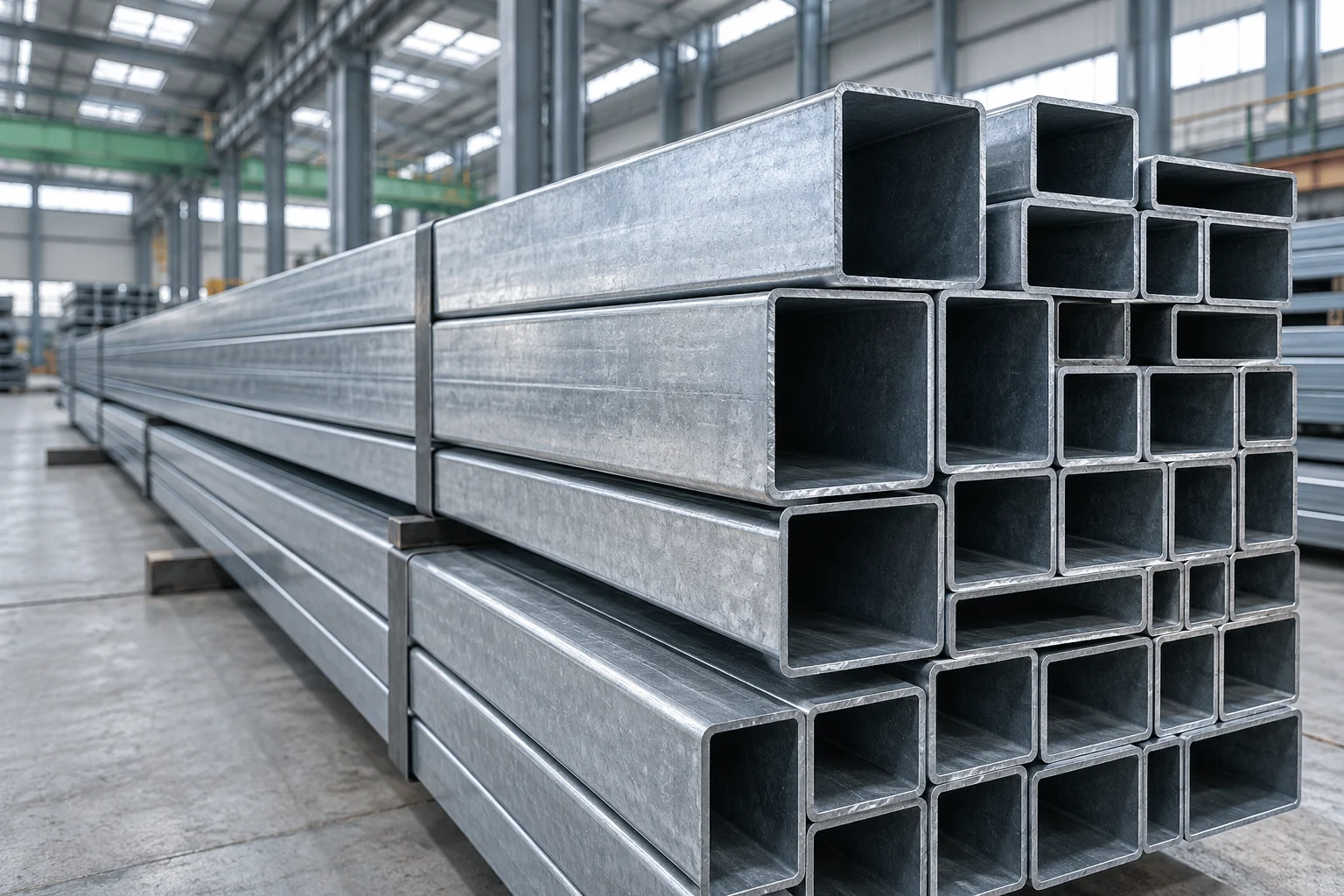 Neatly stacked rectangular steel hollow sections