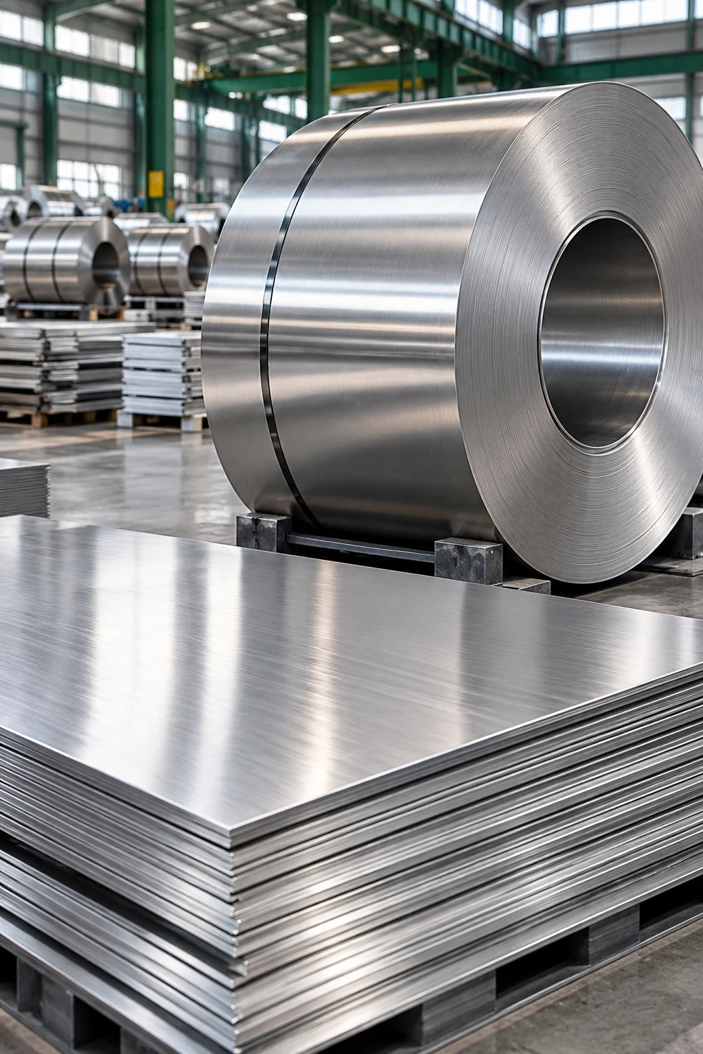 Bright brushed stainless steel sheets and a polished coil