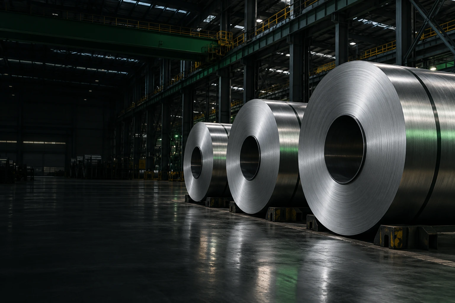 Silver steel coils in a warehouse